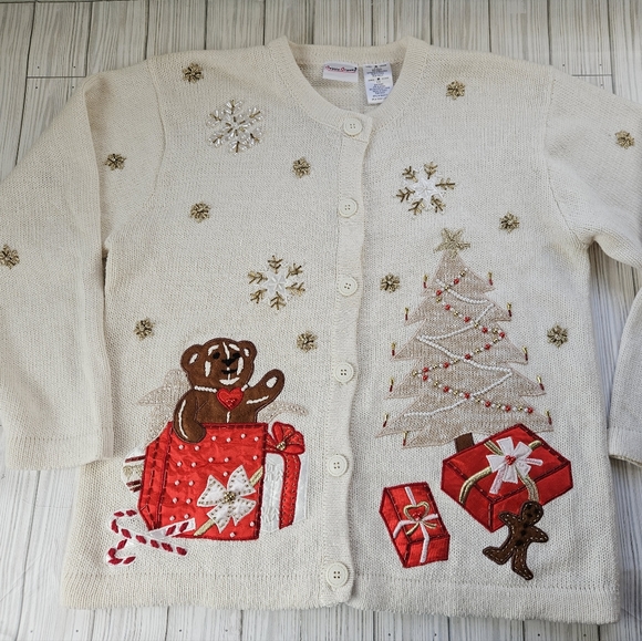 Winter Wonderland Vintage Embroidered Knit Cardigan in Cream and Red Size Med - Picture 5 of 12